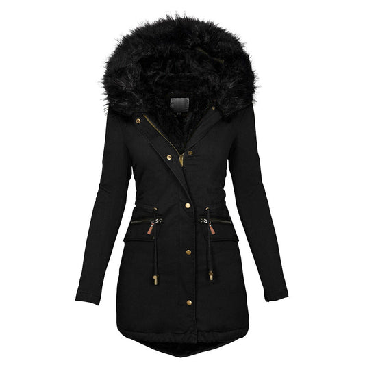 Women's Plush Hooded Parkas Winter Warm Thick  Zip-up Jackets Casual Mid-length Solid Buckle Pockets Coat Outerwear Clothing SimplyOnlineShopping