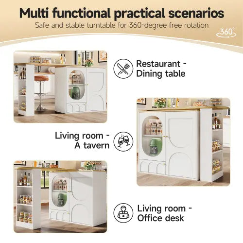 360  Rotating Bar Table Body 138 X 39 X 105 Cm, Coffee Bar Furniture, Rotating Dining Table With Storage Space, Kitchen Island, Two Doors With Shelves, Sideboard, Buffet, White SimplyOnlineShopping