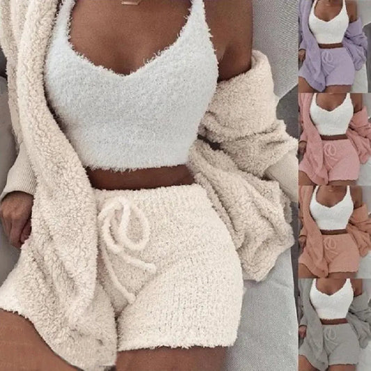 3pcs Womens Clothing Long Sleeve Crop Tank Top And Drawstring Shorts Pajama Set SimplyOnlineShopping