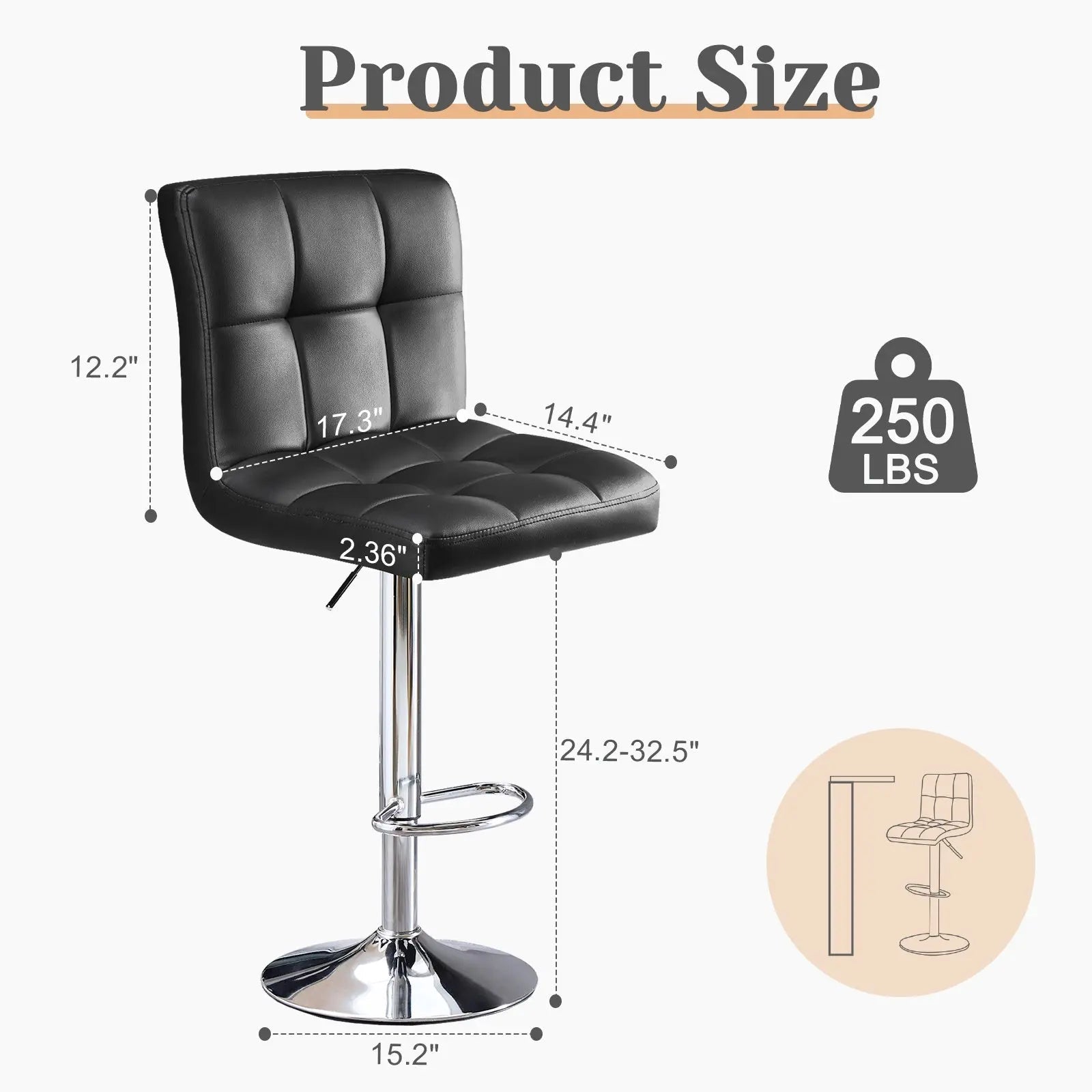 Bar Stools Set Of 4, Counter Height Barstools,Square Seat Cushion Barstool With Back, Height Adjustable PU Leather Swivel Barstool ,White SimplyOnlineShopping