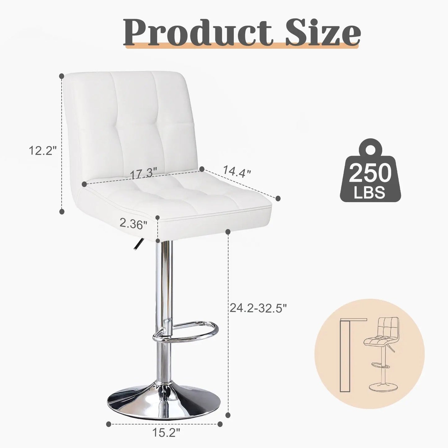 Bar Stools Set Of 4, Counter Height Barstools,Square Seat Cushion Barstool With Back, Height Adjustable PU Leather Swivel Barstool ,White SimplyOnlineShopping