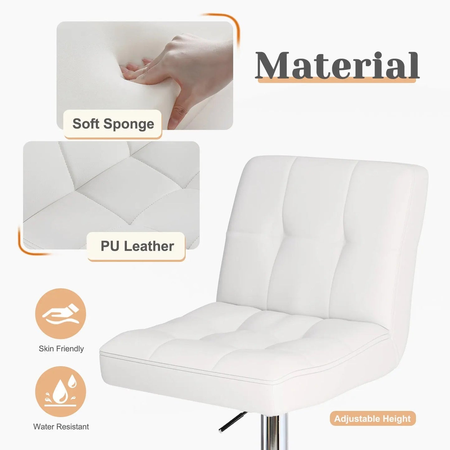Bar Stools Set Of 4, Counter Height Barstools,Square Seat Cushion Barstool With Back, Height Adjustable PU Leather Swivel Barstool ,White SimplyOnlineShopping