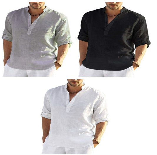 Men's Long-Sleeve Linen Shirt – Stand-Up Collar & Loose Fit